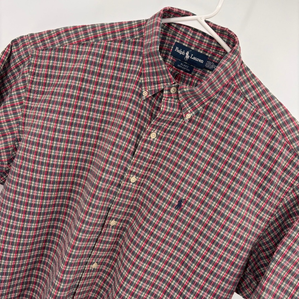 VTG Ralph Lauren Blake Button Down Mens XL Red Plaid Oxford Short Sleeve Cotton
